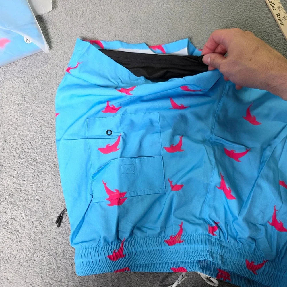 Mens M Swim Trunks x2 Pack Blue Pink Dolphin Print Lined Pockets Beach Shorts